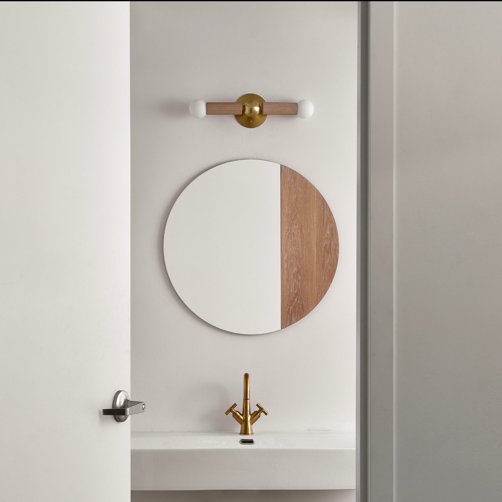 hollis morris constellation wall light brass w.oak white horizon mirror