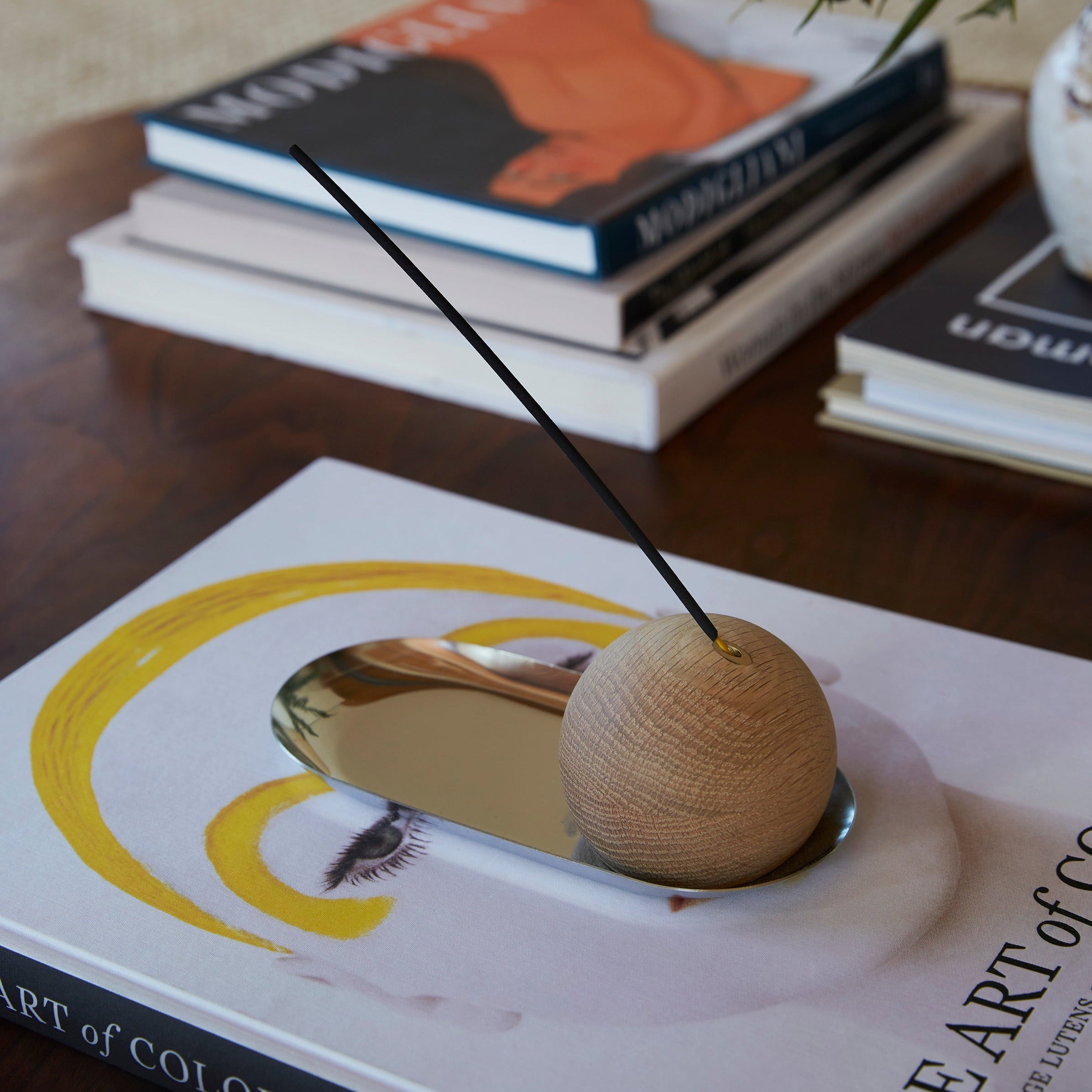 hollis morris drop incense holder w.oak natural stainless book